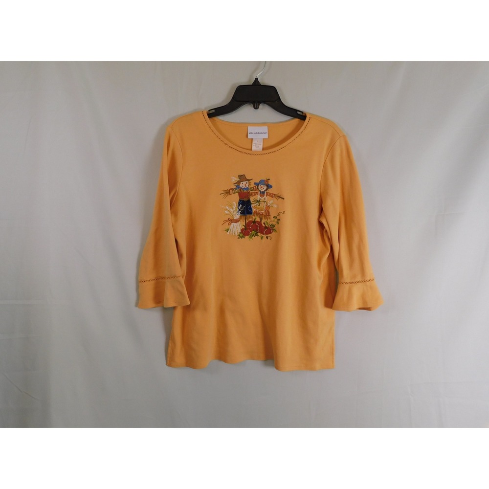 Alfred Dunner Womens Medium Orange Scarecrow Pumpkin Fall 3/4 Bell Sleeve Top